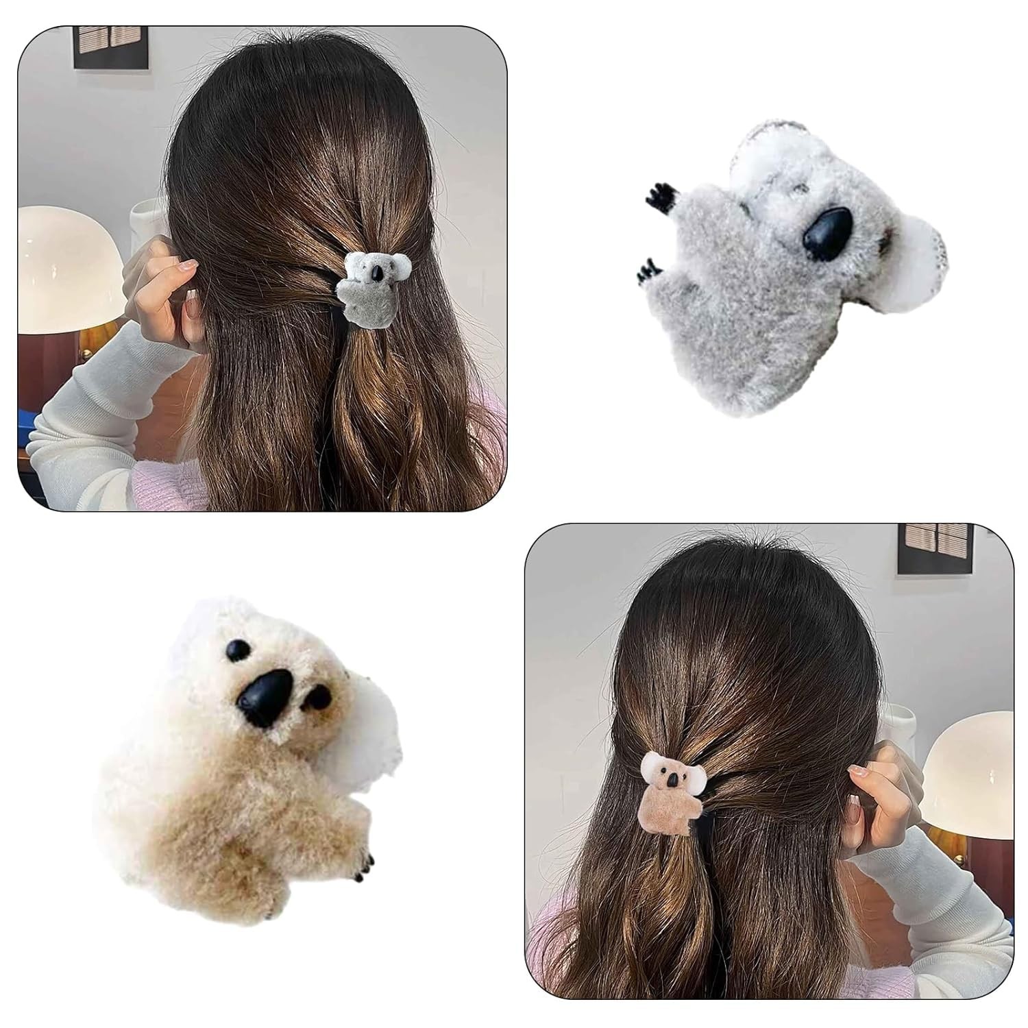 3 Pcs Plush Gray and Khaki Koala Hair Claw 1 Count (Pack of 3), White