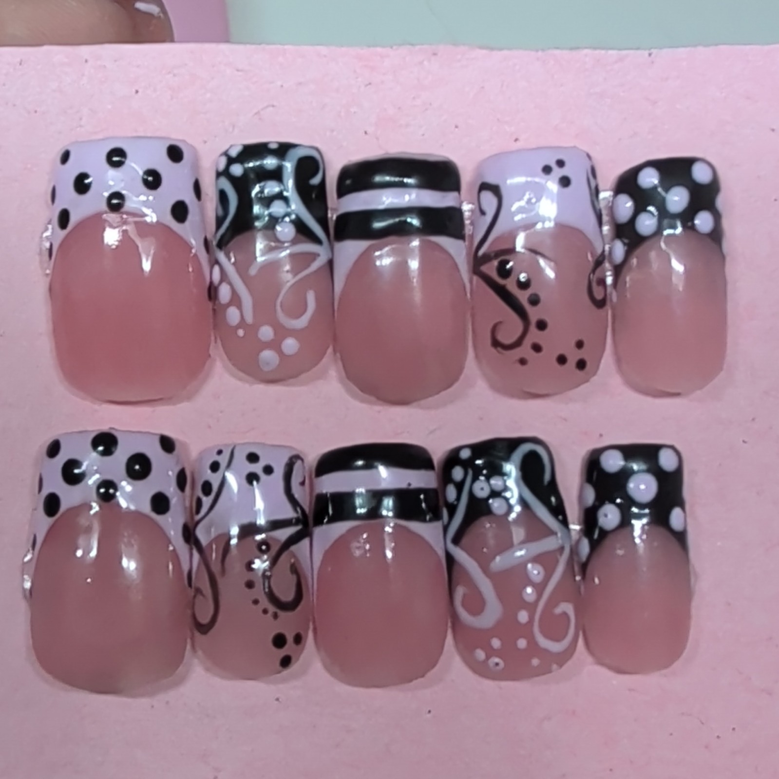 10 Piece Short Square Press-On , French, Pink Black White Polka Dot, Handmade
