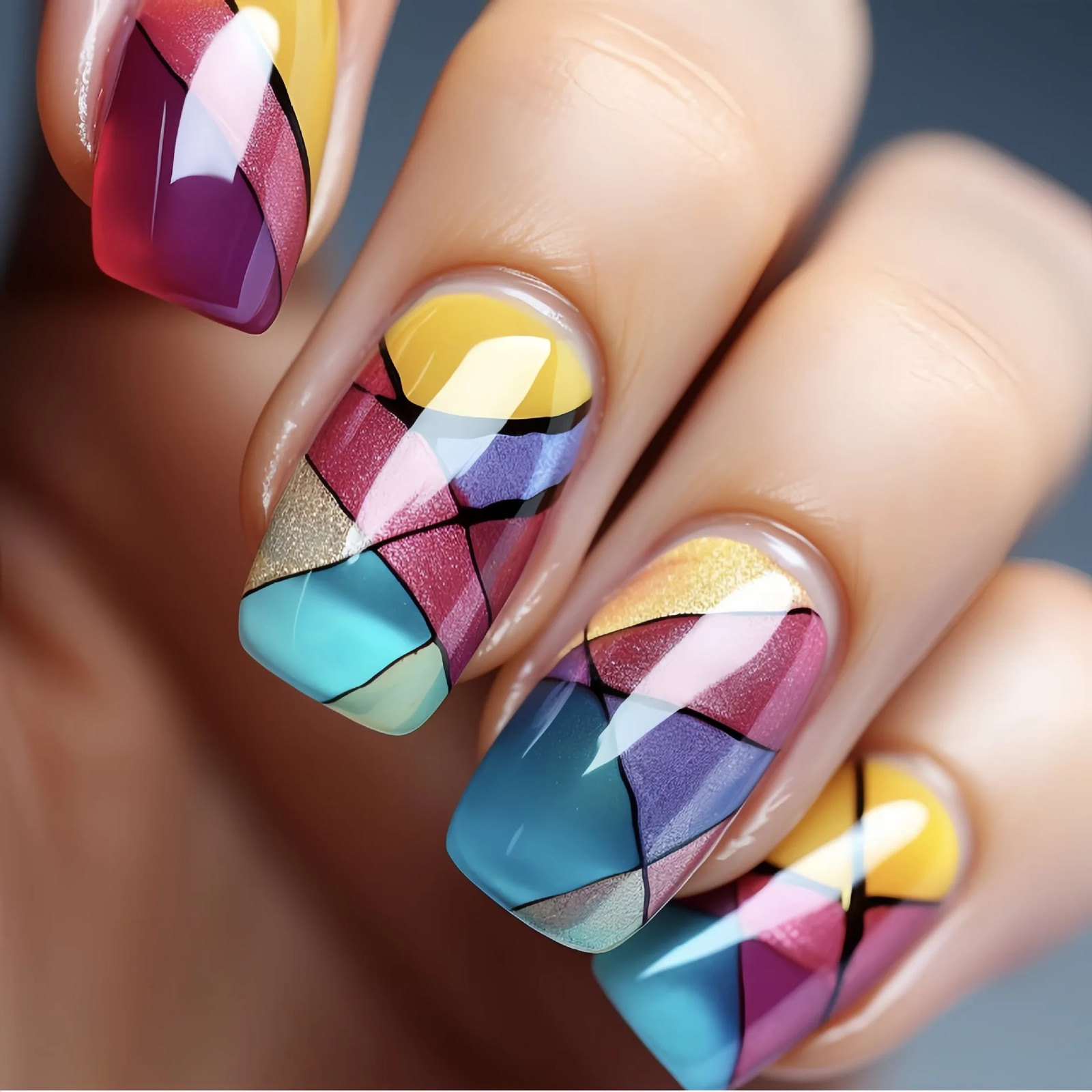 24PCS Green Striped Press on Nails Short Square Gradient Fake Nails