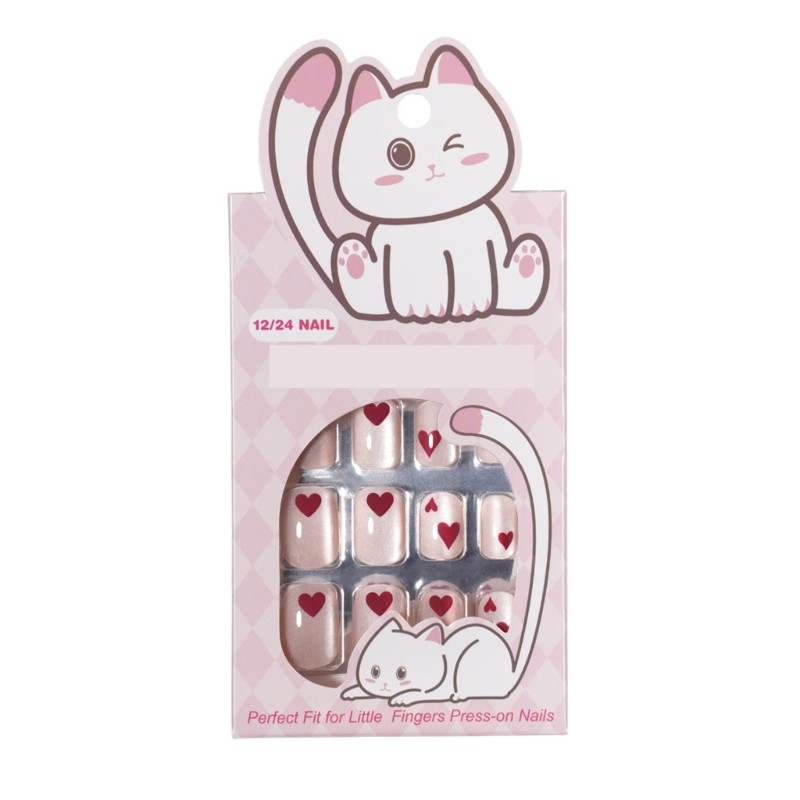 24 Pieces Heart Pattern Press On Nail ABS Material Short Square Style