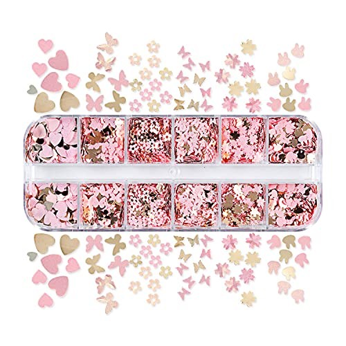 12 Grids Gold Pink Nail Glitter Sequins 3D Holographic Nail Glitter Flakes