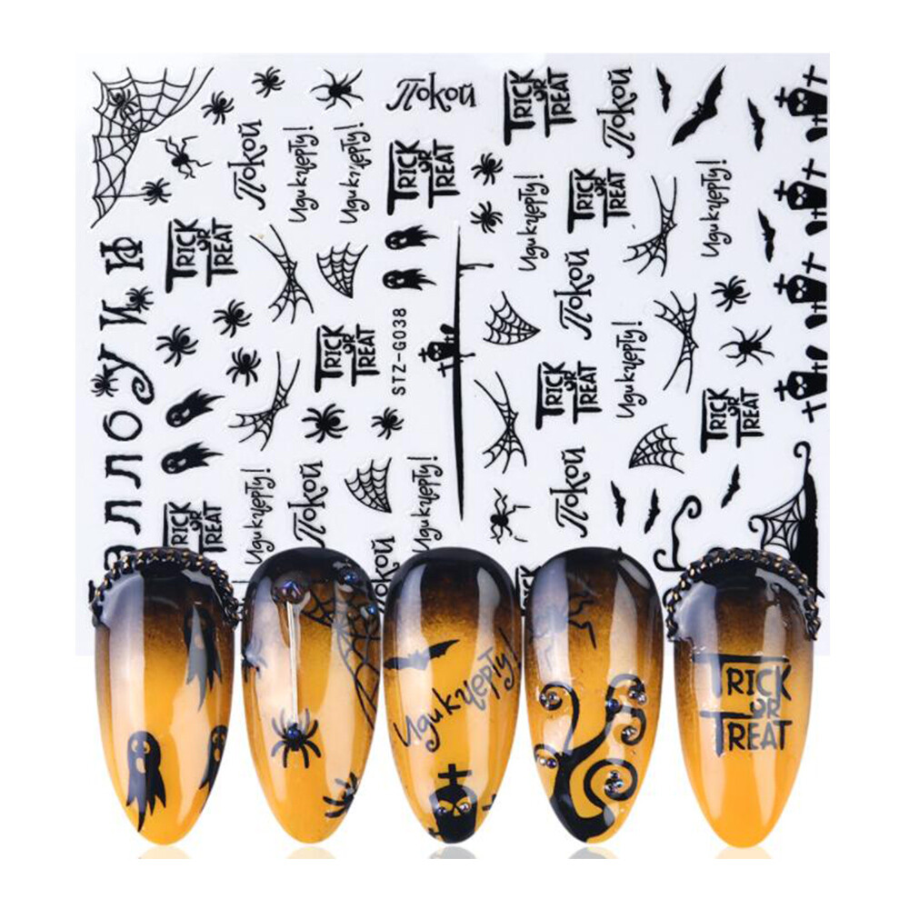 Gold Black Halloween Bat Witch Pumpkin Skull Nail Sticker Art Decal Waterproof
