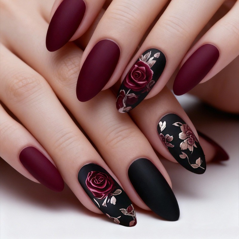 48PCS Oval Matte Black Rose Nail Press, Reusable Matte Rose Pattern Fake Nails