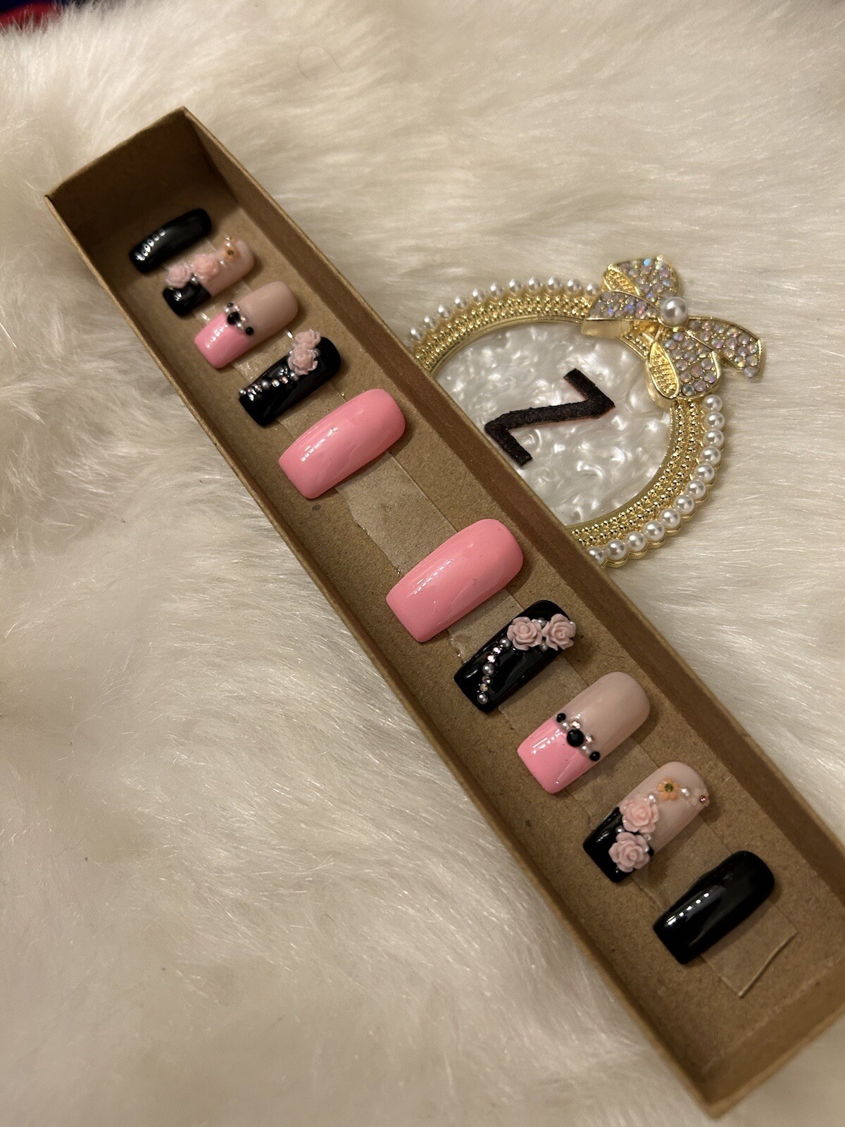 Z NAILZ! Gorgeous Set Of Black/Pink/Beige Handmade Long Square Press On Nails