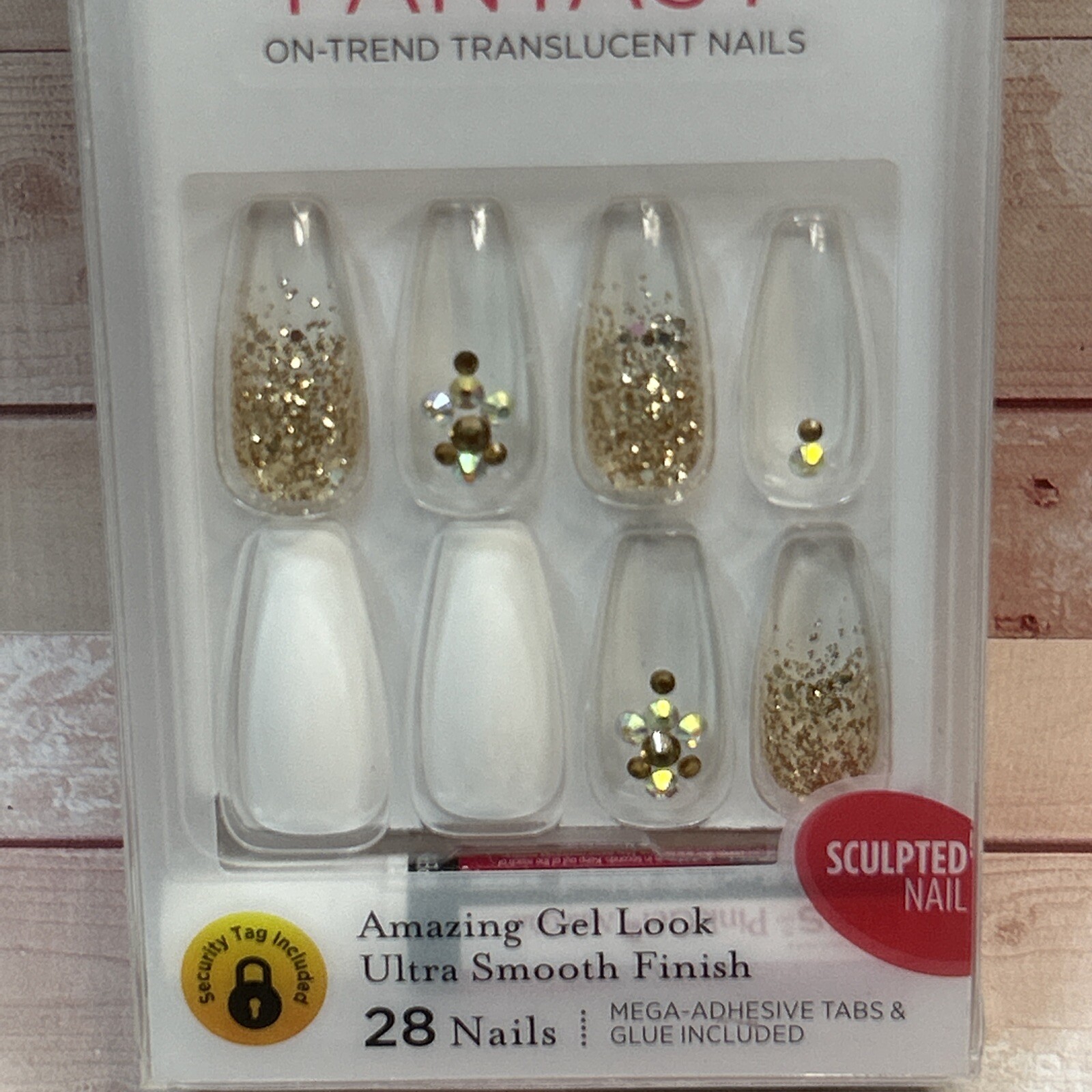 1 Kiss Nails Jelly Fantasy Press or Glue Manicure Long Coffin White Clear Gold