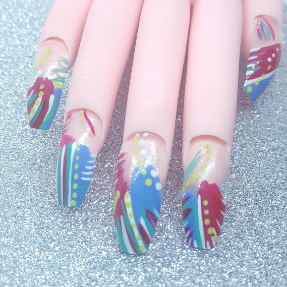 90’s Retro Abstract Press On Nails Pink Purple White Green Long Handmade Gel