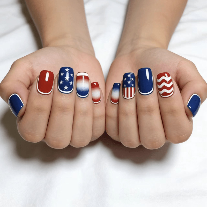 48 Pcs American Flag Press on Nails, Short Square Star Stripe Holiday Fake Nails