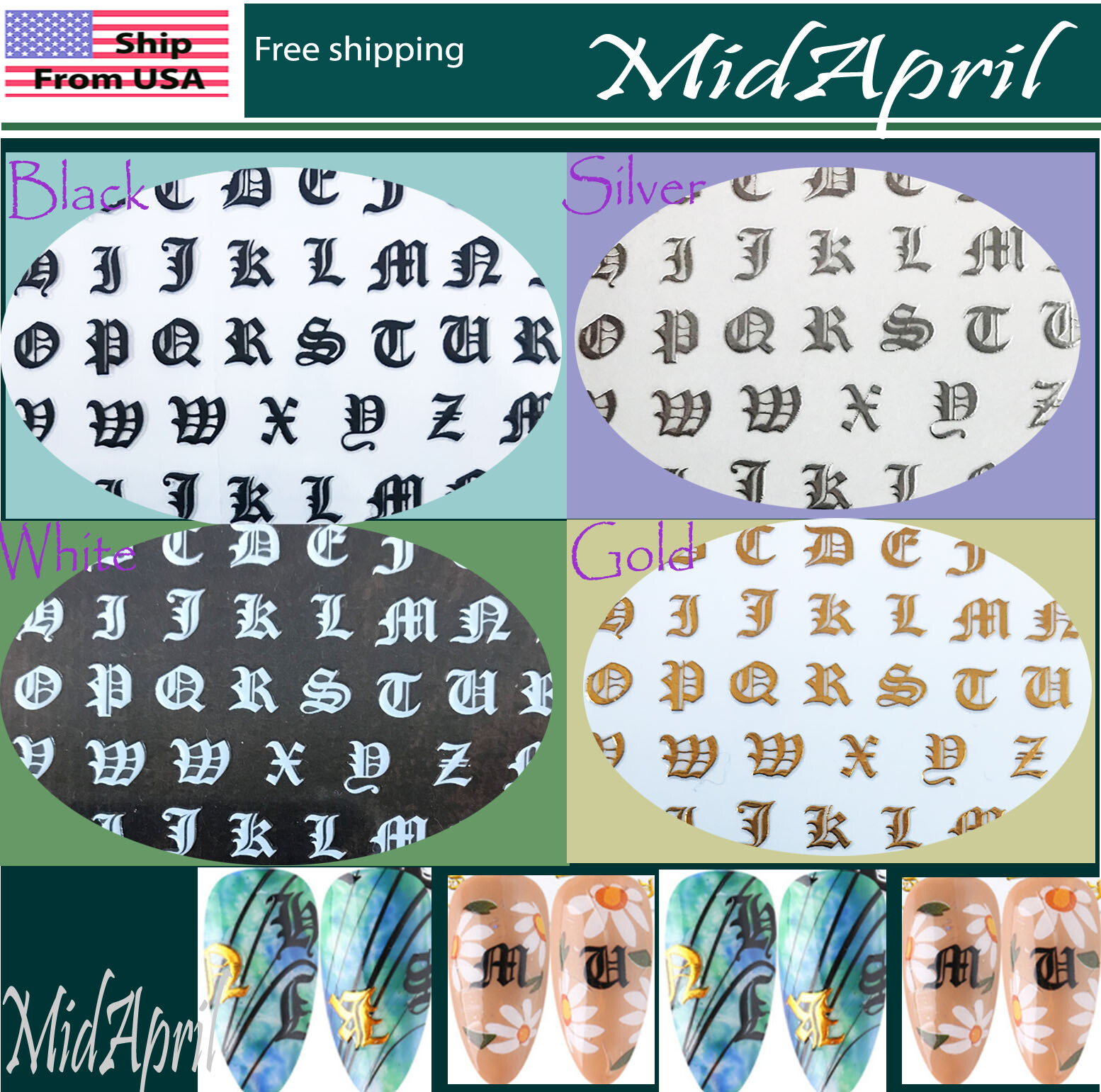 3D Nail Art Latin Roman English Alphabet Letter Sticker Decals US seller