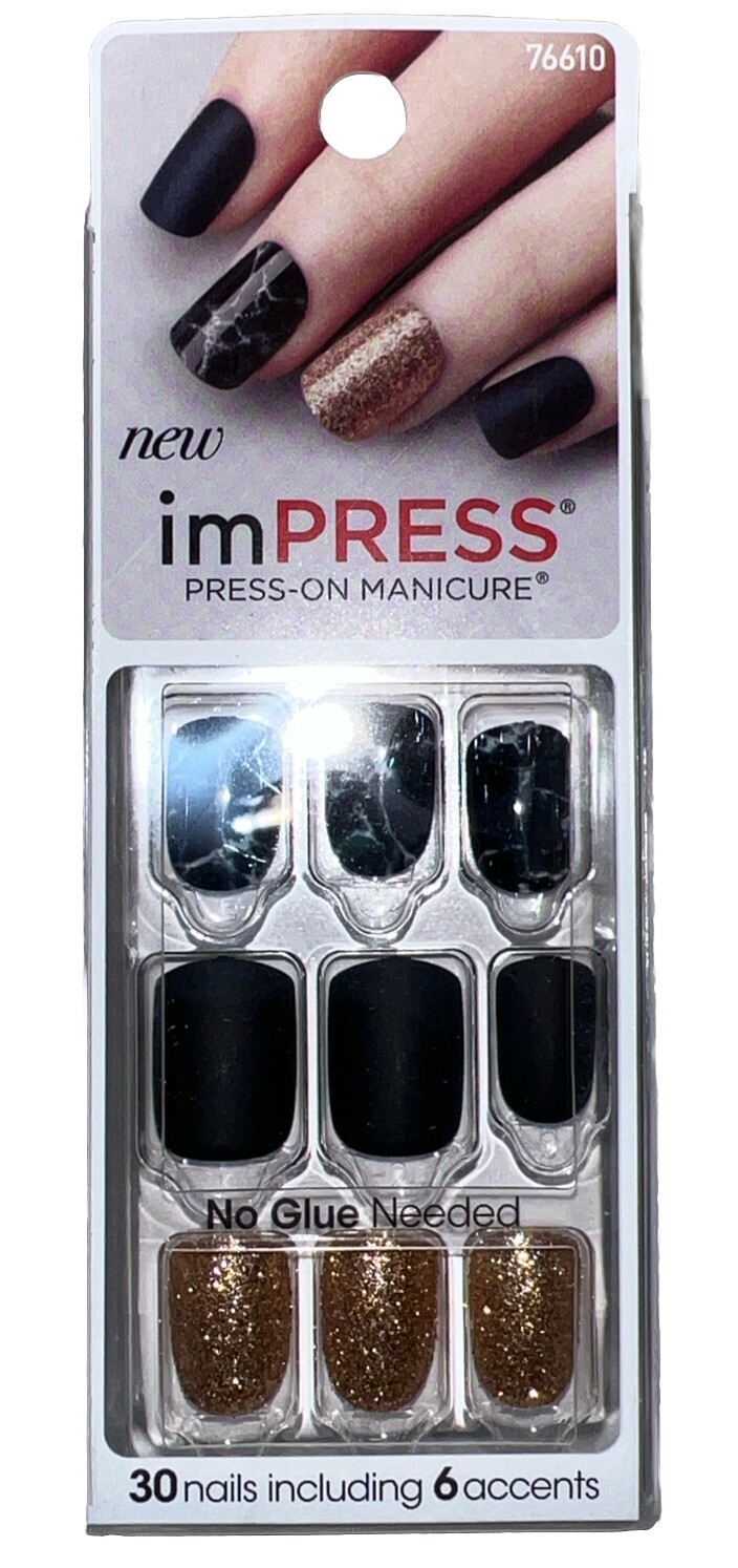 Kiss Nails Impress Press On Manicure #76610 Yeah Boy (Black Marble Gold Glitter)