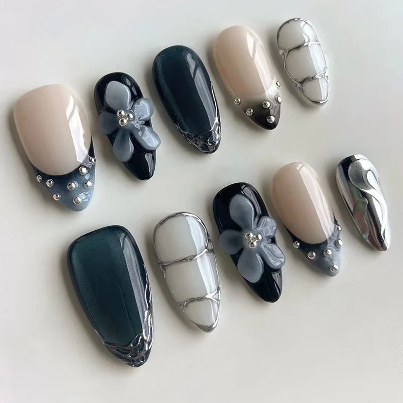 24Pcs Wearable False Nails 3D Flower Strawberry Green Gradient Pearl Mid-length