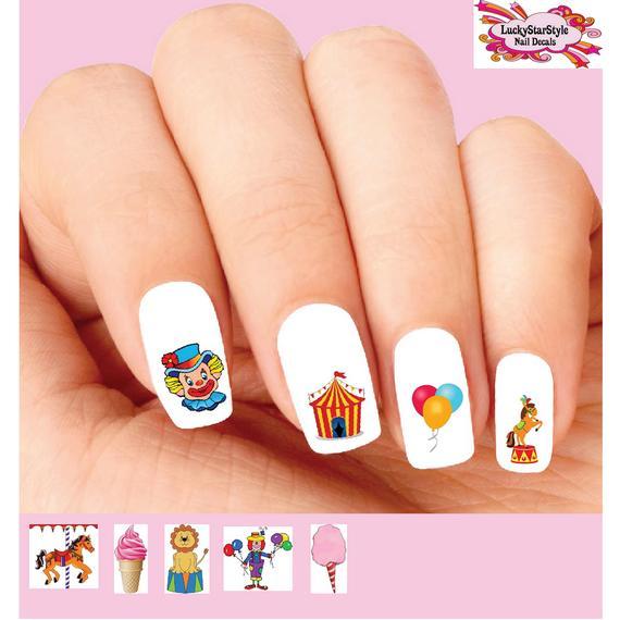 Waterslide Nail Decals Set of 20 – Circus Carnival Clown Horse Lion Assorted