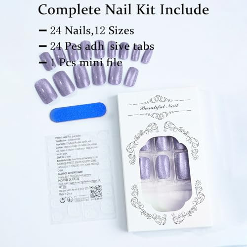 Square Press on Nails Light Purple Glitter Fake 1 Fl Oz (Pack of 24) Style 10