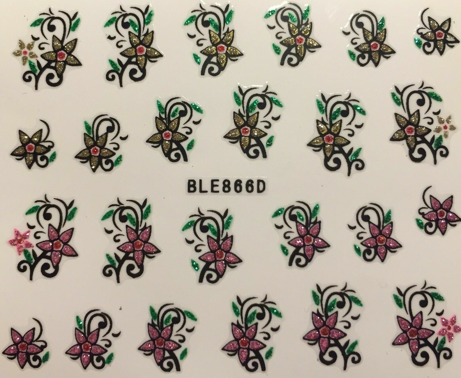 Nail Art 3D Decal Stickers Pink Yellow Green Flowers BLE866D