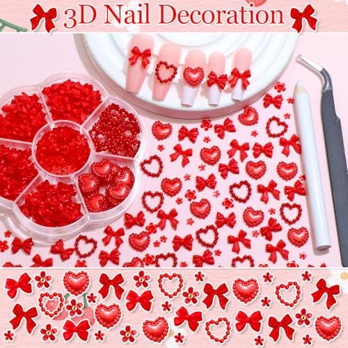 Heart Bow Nail Charms Valentine’s Day Charm for Acrylic Nails 3D Tiny Red