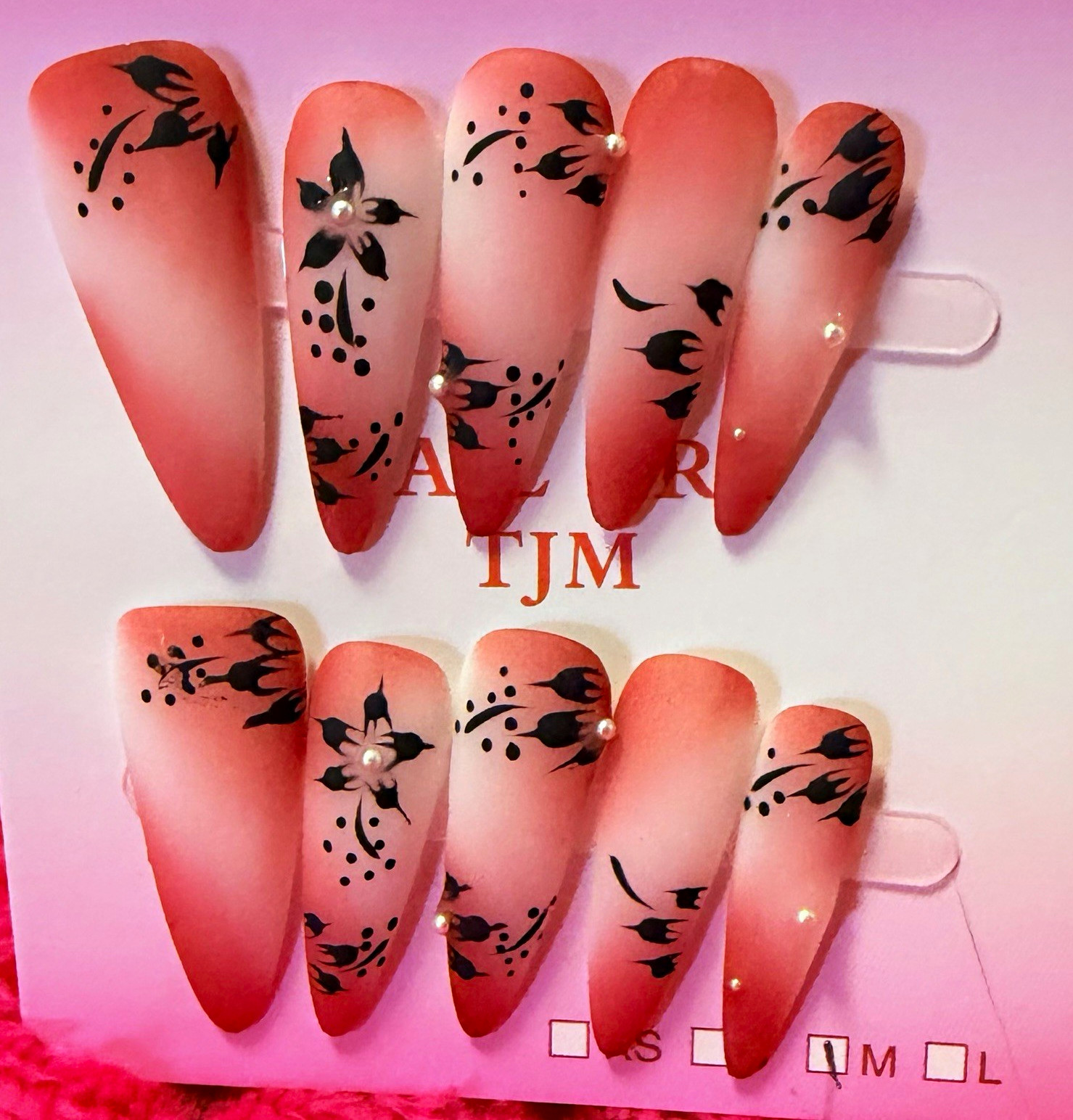 Pink/Black Floral Stiletto Press-On Nails, Long, Glossy, Pre-Designed