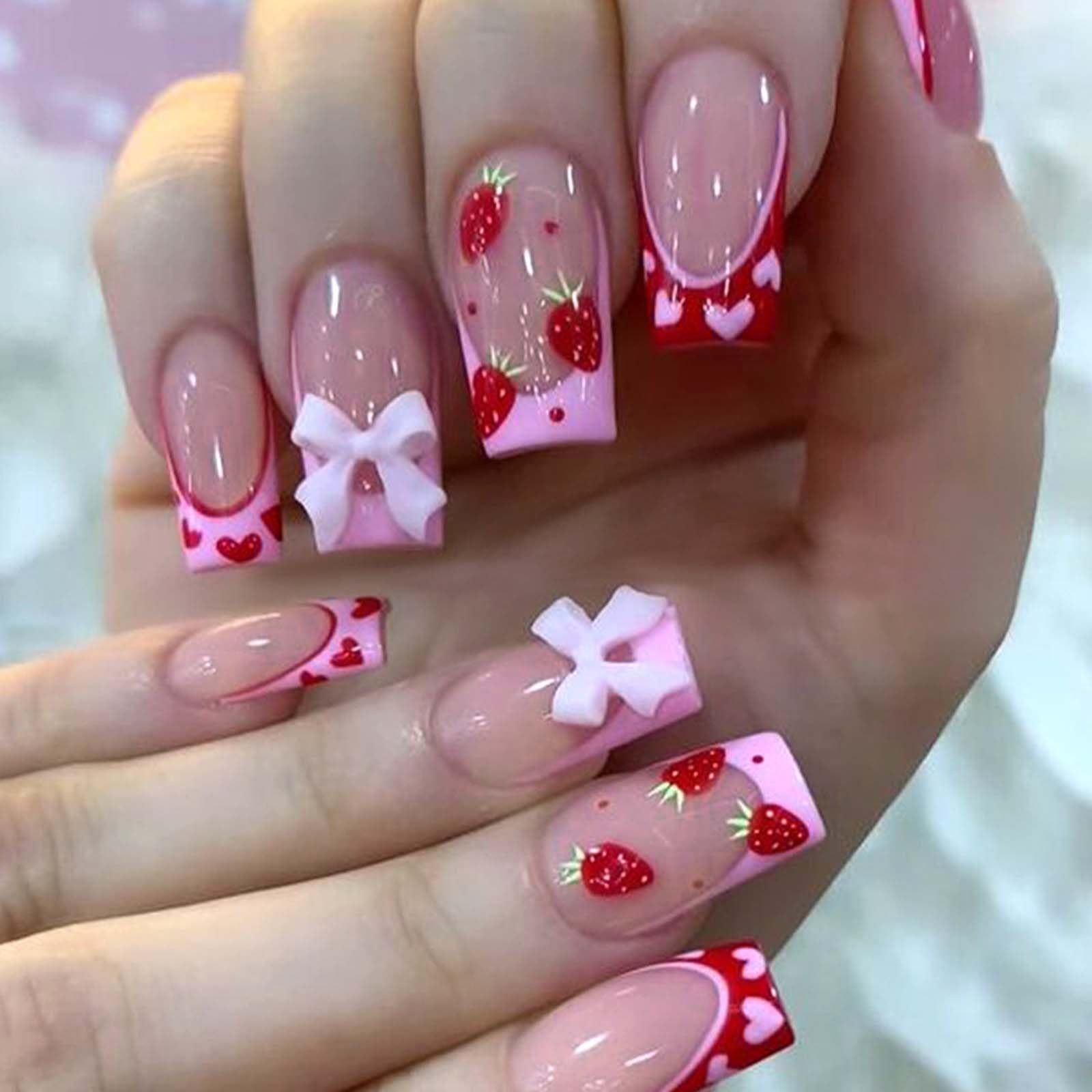 24Pcs French Tip Press on Nails Medium Square with Heart Design Fake Nails 3D…
