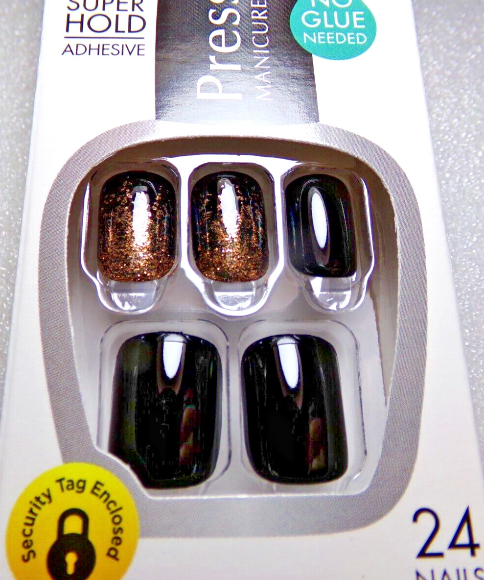 Kiss Press On Nails Shiny Black with Copper Glitter Accents Short