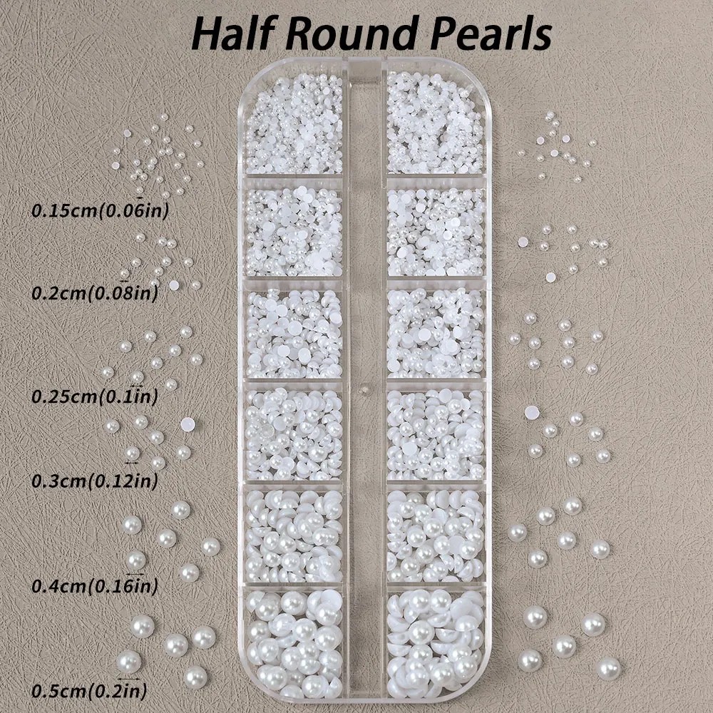 12 Grids Flat Back Pearl Beads 3D Nail Art Charms Rhinestones DIY Gems Jewels