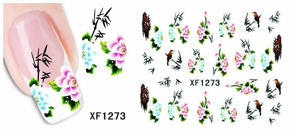 Nail Art Water Transfer Sticker Decal Stickers Pretty Flowers Pink Blue XF1273