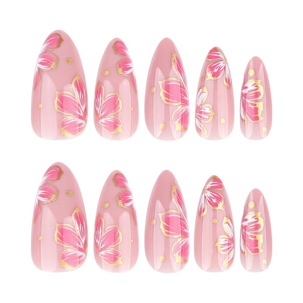 24 Pcs Pink Press on Nails Short Almond,Fake Nails Press ons Nail Tips Full C…