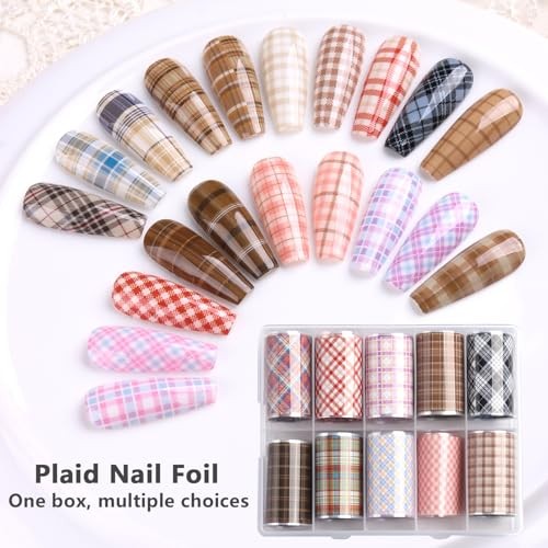 10 Rolls Plaid Nail Art Foil Transfer Sticker Decals Colorful Red Plaid