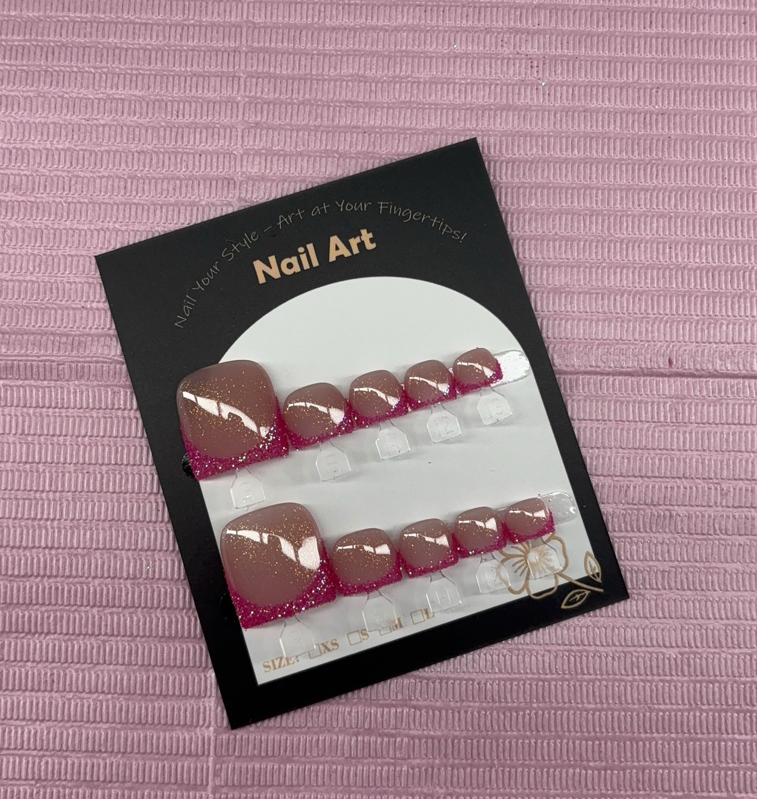 press on toenails pink glitter french tips nude handmade custom builder gel