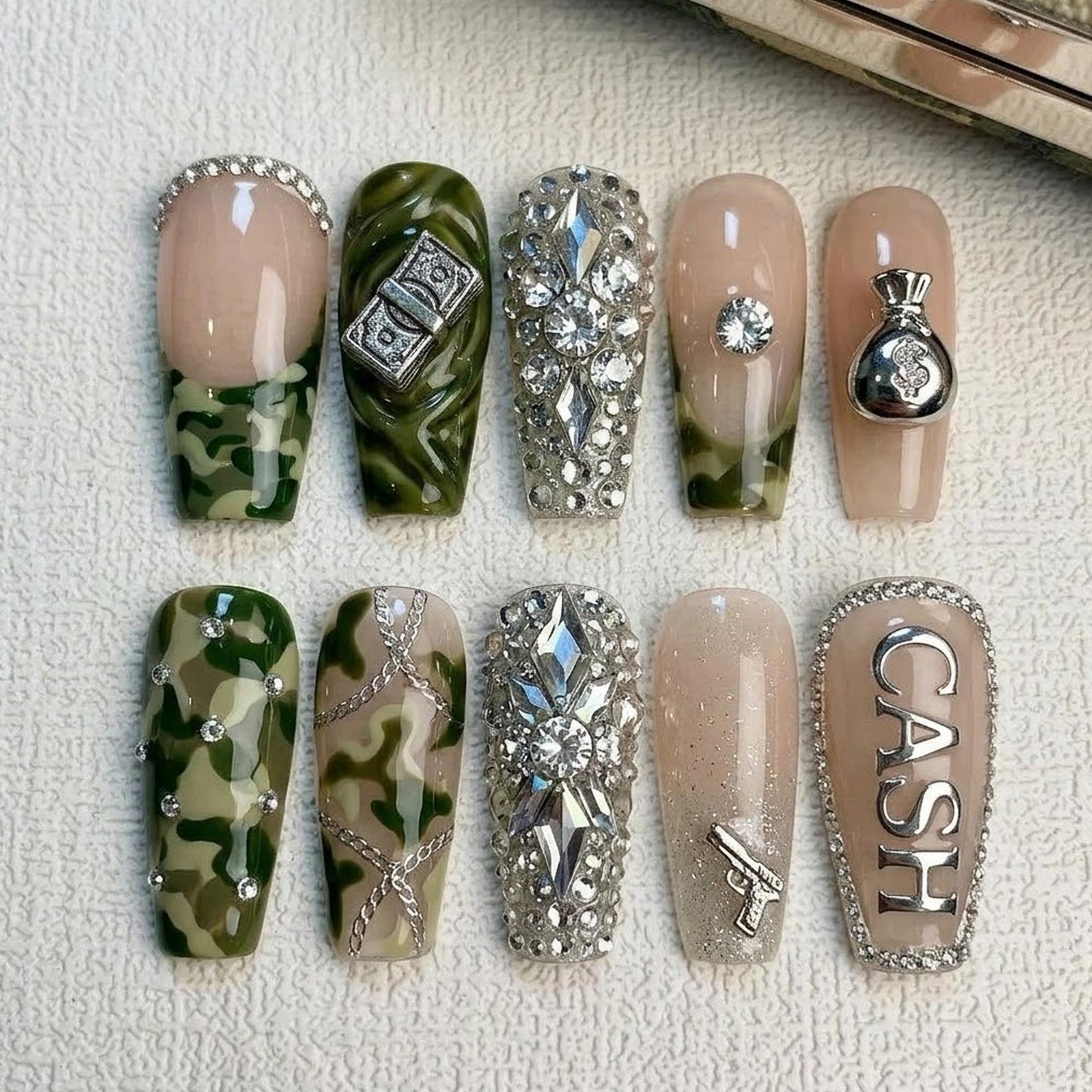 Handmade Camo Cash Money Gun Chain Rhinestone Long Coffin Press on Nails