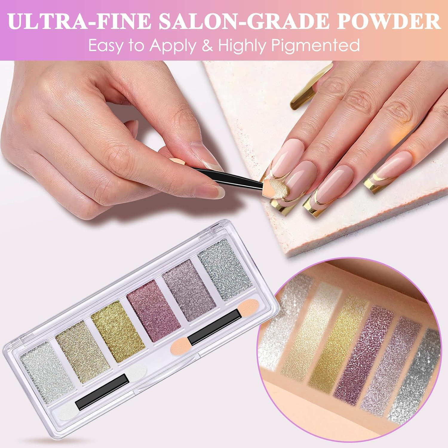 Gold Silver Chrome Nail Powder, 6 Colors Metallic Mirror Effect Pink Light Purp
