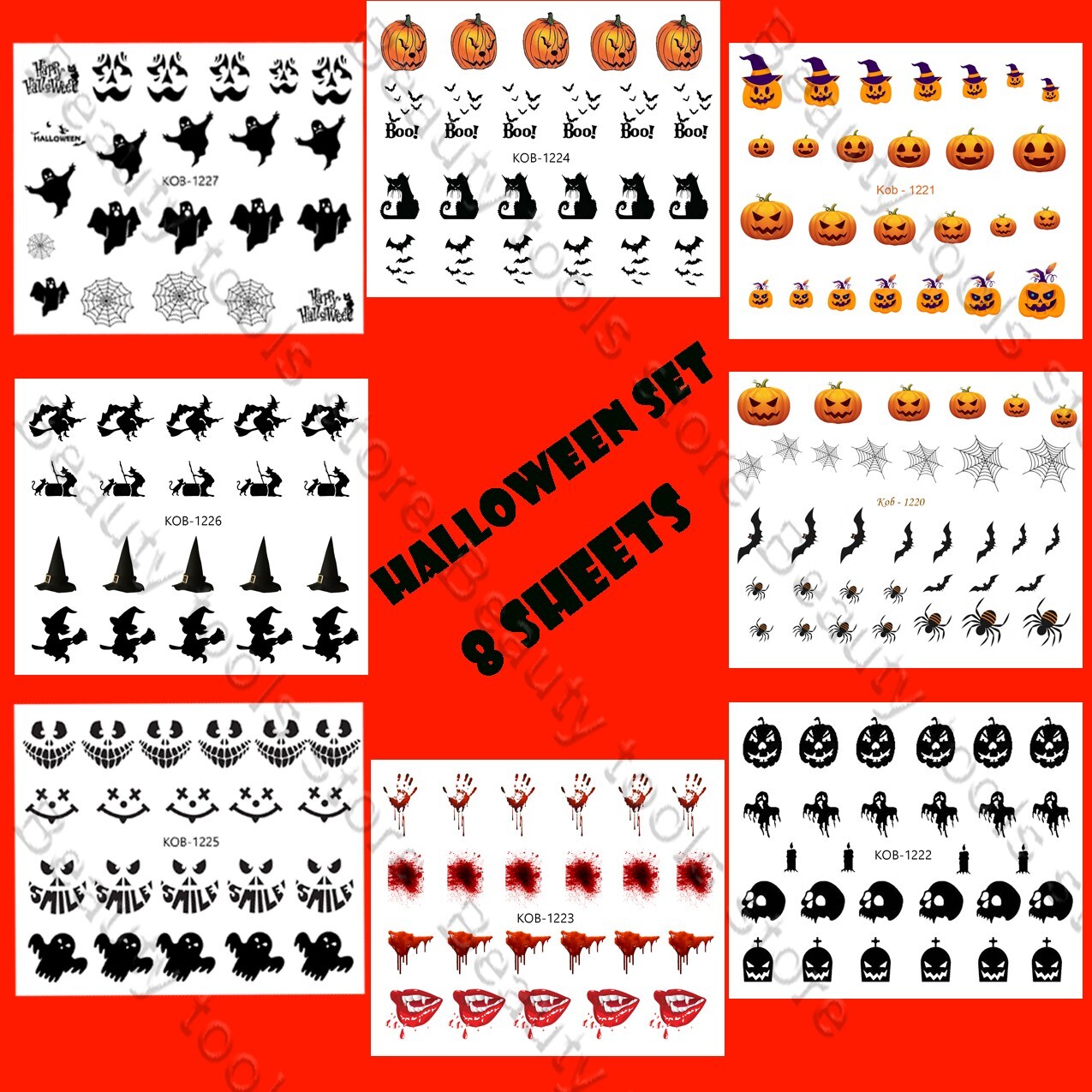 Nail Art Water Transfer HALLOWEEN Stickers Set skeleton pumpkins blood 8pcs