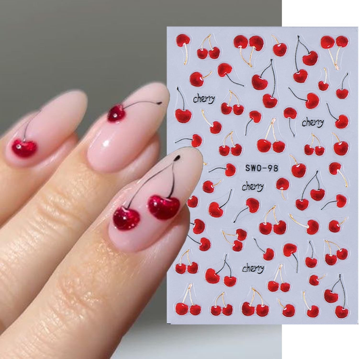 2 Sheets Embossed Fruit Nail Stickers for Nail Art Self-Adhesive Cherry 5D Na…