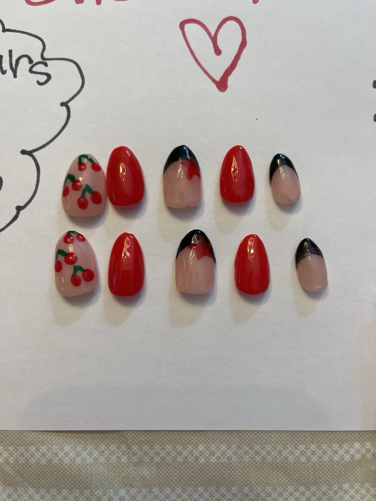 Cherry 3D Almond Press-On Nails Medium Acrylic Red/Nude, Glue Included