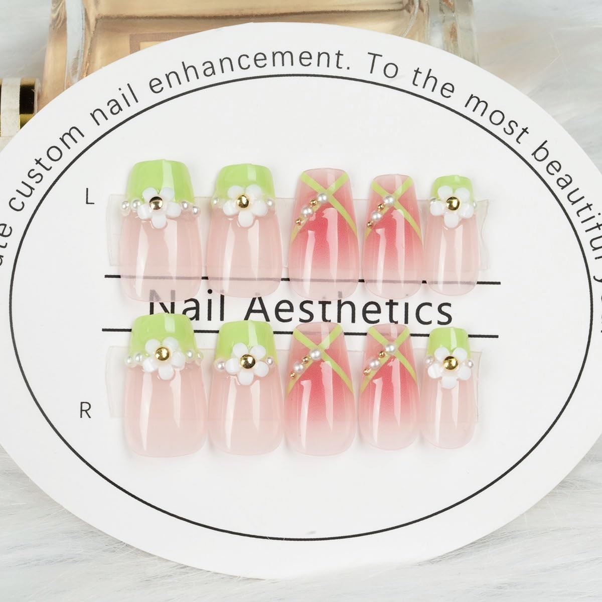 Secret Lives Glossy Artificial Translucent Pink & Green Color with 3D 24 Nail