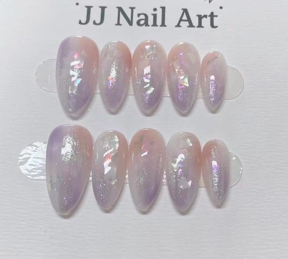 Custom Handmade Pink Purple Gradient Mermaid Flake Glitter Almond Press on Nails