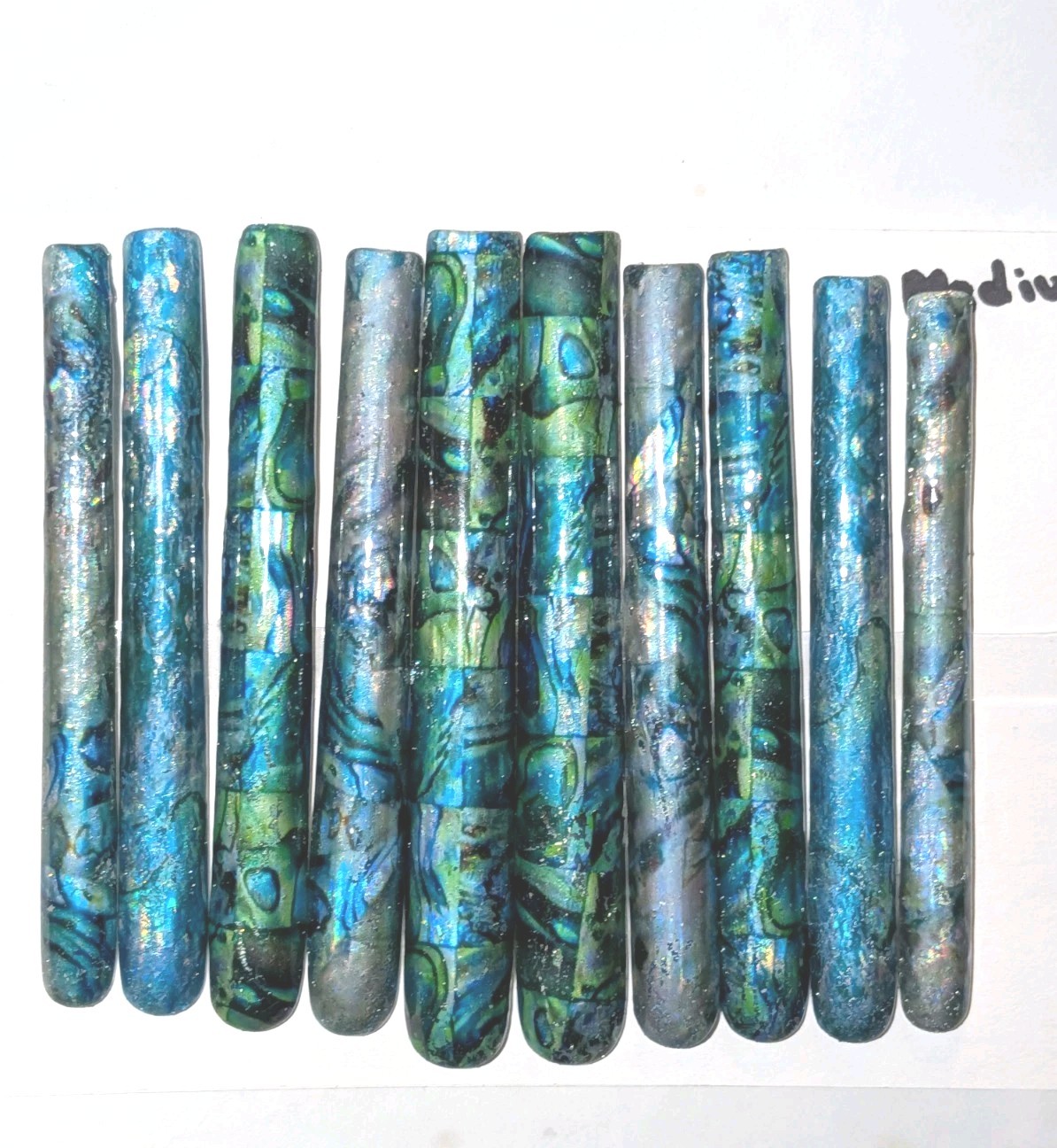 Hand Crafted 6Xl Acrylic Teal and Blue Marble Long Press-On Nails Sz Medium