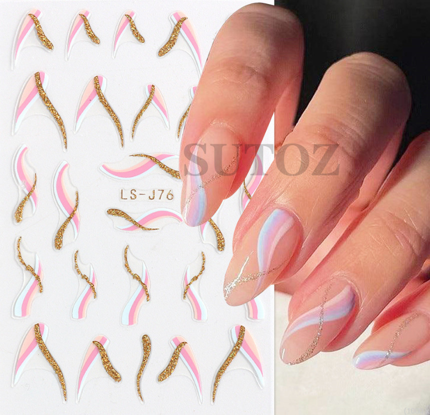 Golden Glitter French Lines Nail Stickers – Curve Wave Swirls, Pink Stripe NH22