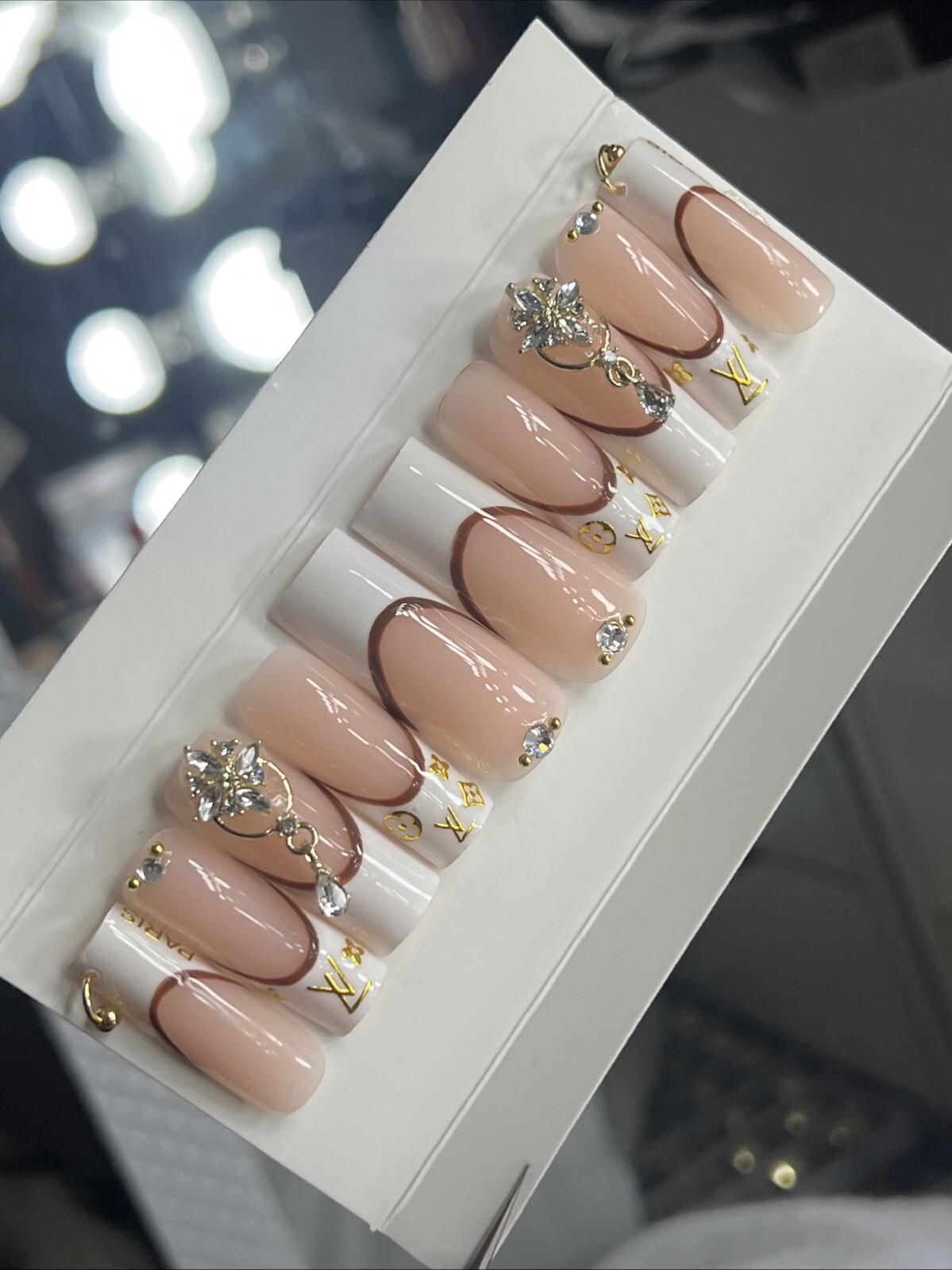 💎 CUSTOM Hard Gel Press On Nails, BLING NUDE , 10p FULL SET W Kit LONG SQUARE