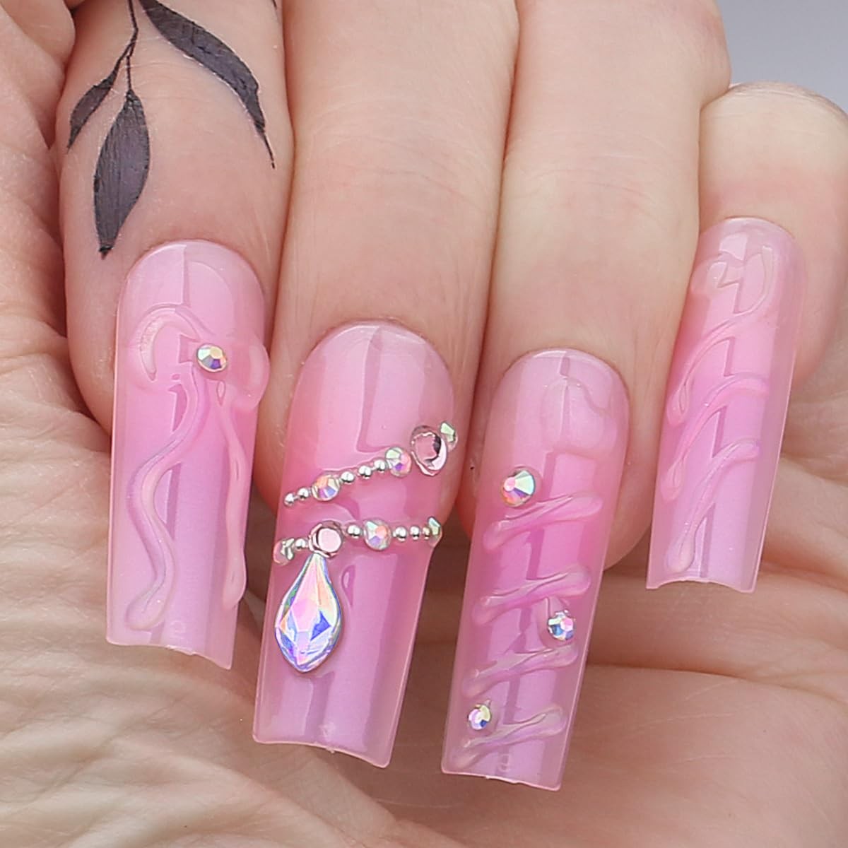 Pink Blush Floral Press On Nails Long Square Fake Nails 3d Gel Elegent Bow Ri…