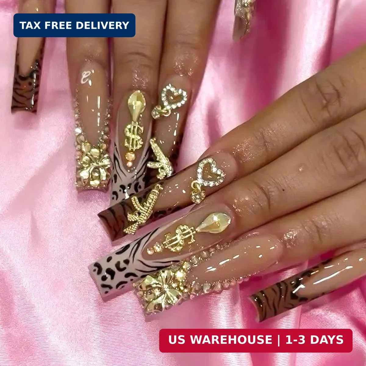 100Pcs Gold Nail Charms and Gems Y2K Nail Charms Bulk 3D Hearts, Dollars, Bow, G