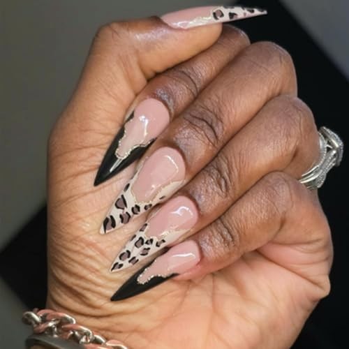 Press on Nails Long Stiletto Fake Nails Black Leopard Print French E-42Black