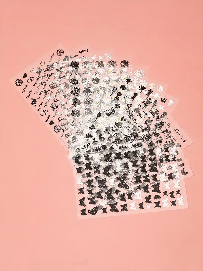 10 Sheets/Set -5D Embossed Black White Bufferfly Bow Rose Nail Art Vinyl