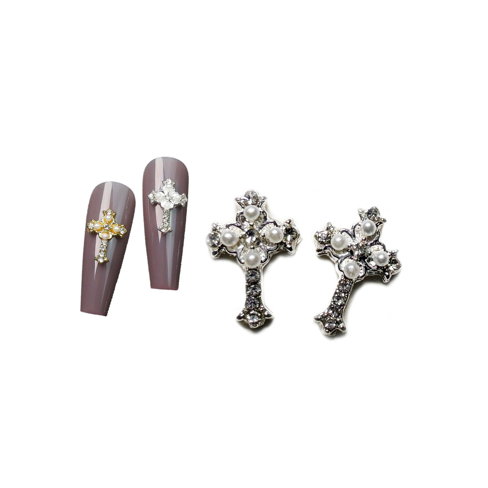 10pcs Alloy Nail Art Crystal Rhinestone Pearl Cross Sliver