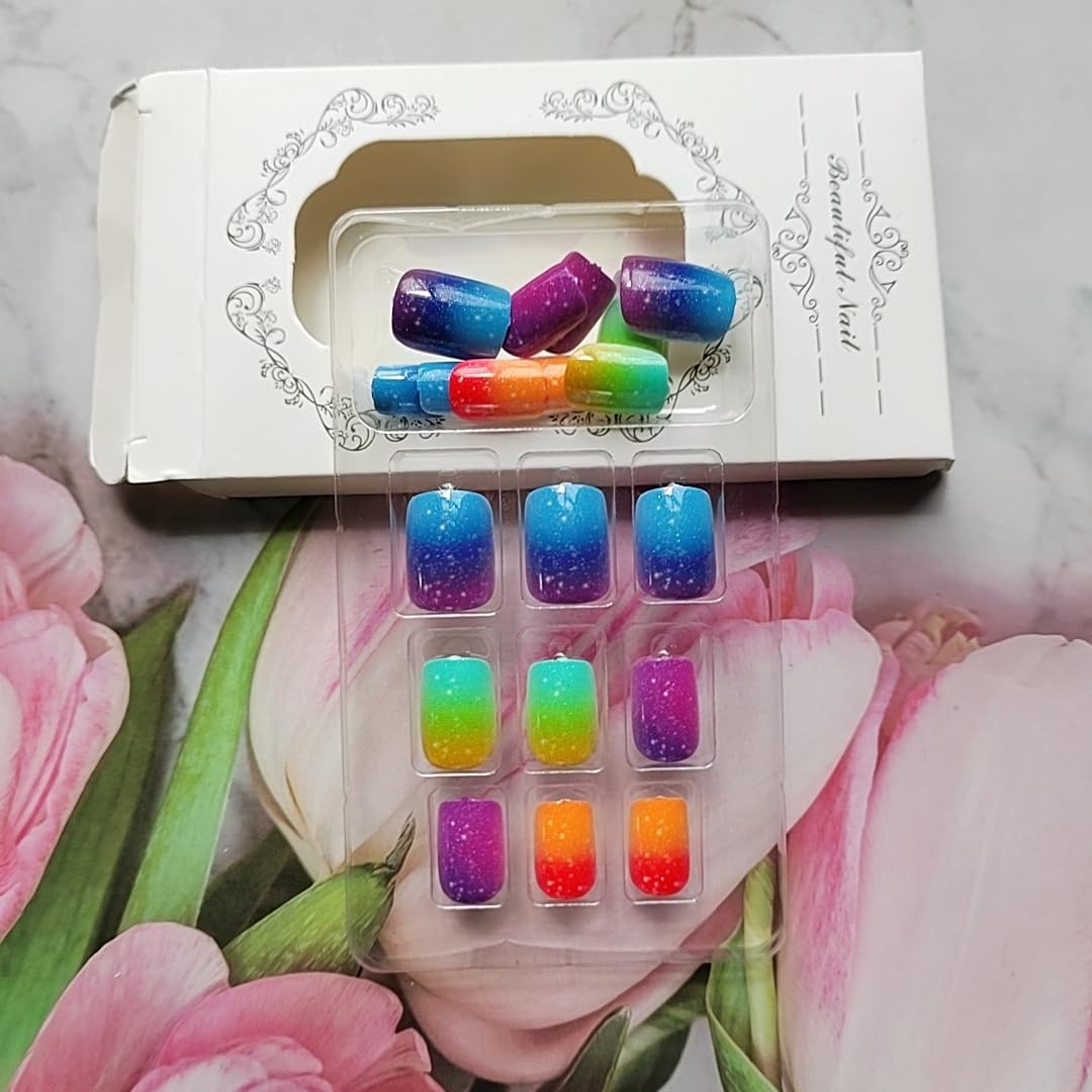 Colorful Glitter Press on Nails Extra Short Square Fake Colorful Ombre Glitter