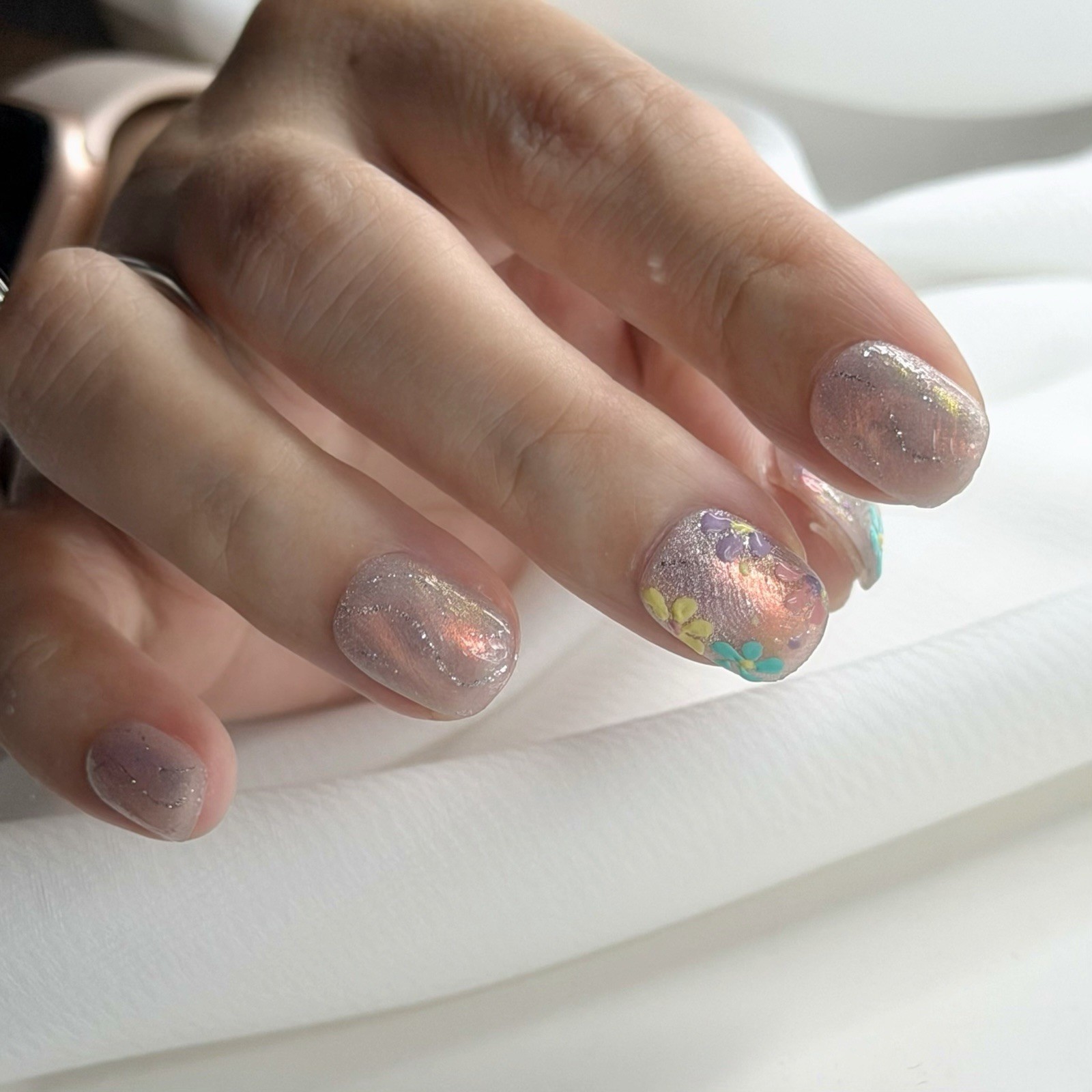 Handmade Aurora Flower Press-On Nails Size M Short Squoval Reusable Fake Nails