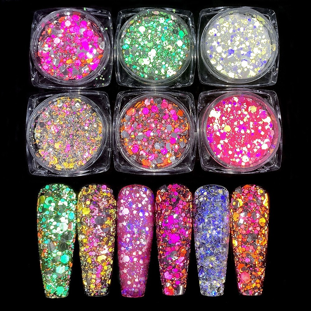 6 Color Set Mix Glitter Nail Sequins Powder Flakes Manicure In The Dark Effect