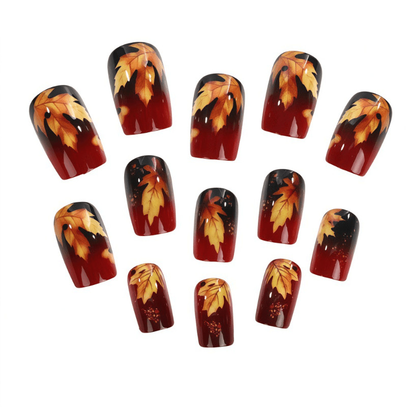 48 Pcs Maple Leaf Short Square Press on Nails, Vintage Autumn Daily Fake Nails