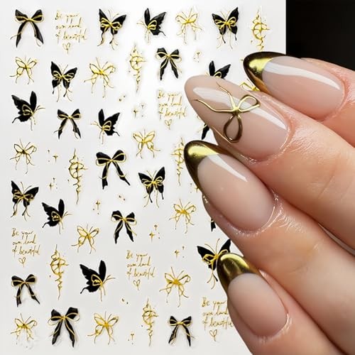 8pcs Black Gold Bow Nail Art Stickers – Colorful Bowknot Ribbon Nail bowknot