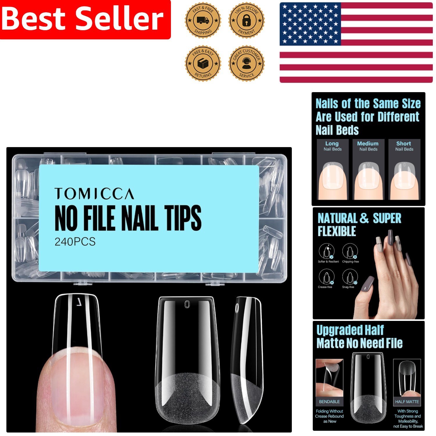 Acrylic Nail Tips 240 Medium Square Half Matte Clear Soft Pre-Shaped DIY Salon