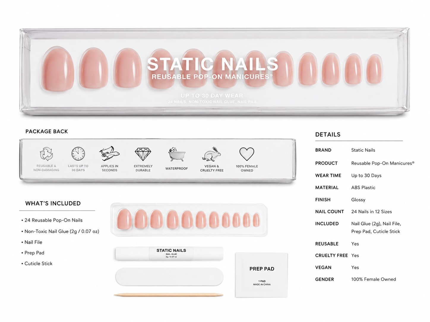 Nails Sataic Oval Pink Glossy Press-On Nails Set Reusable Waterproof ABS Glue