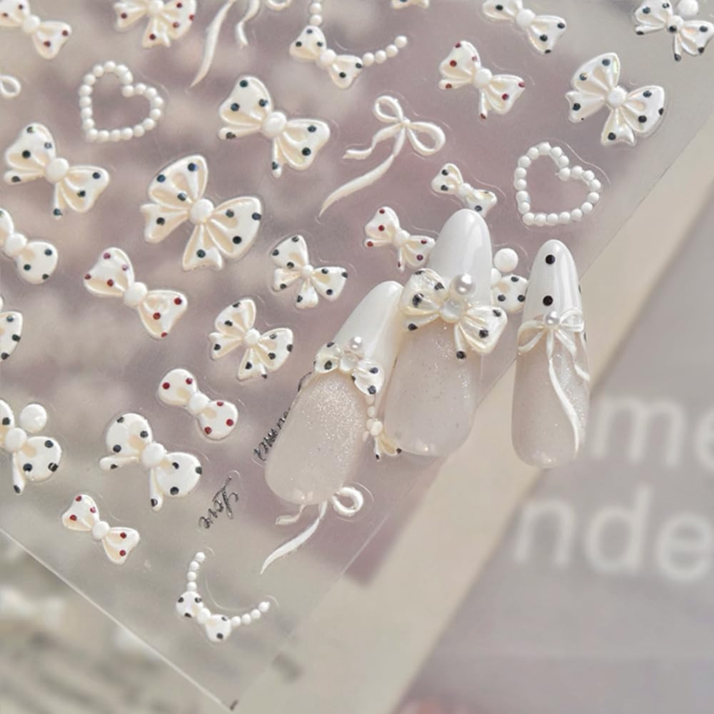 5D Embossed Polka Dot Bow Nail Stickers Shell Light Cute Heart Bow Nail Decals F