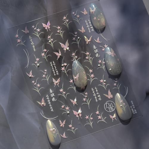 Pink Butterfly Nail Decals Stickers with 3D Pearl Design Spring Nail stickers10